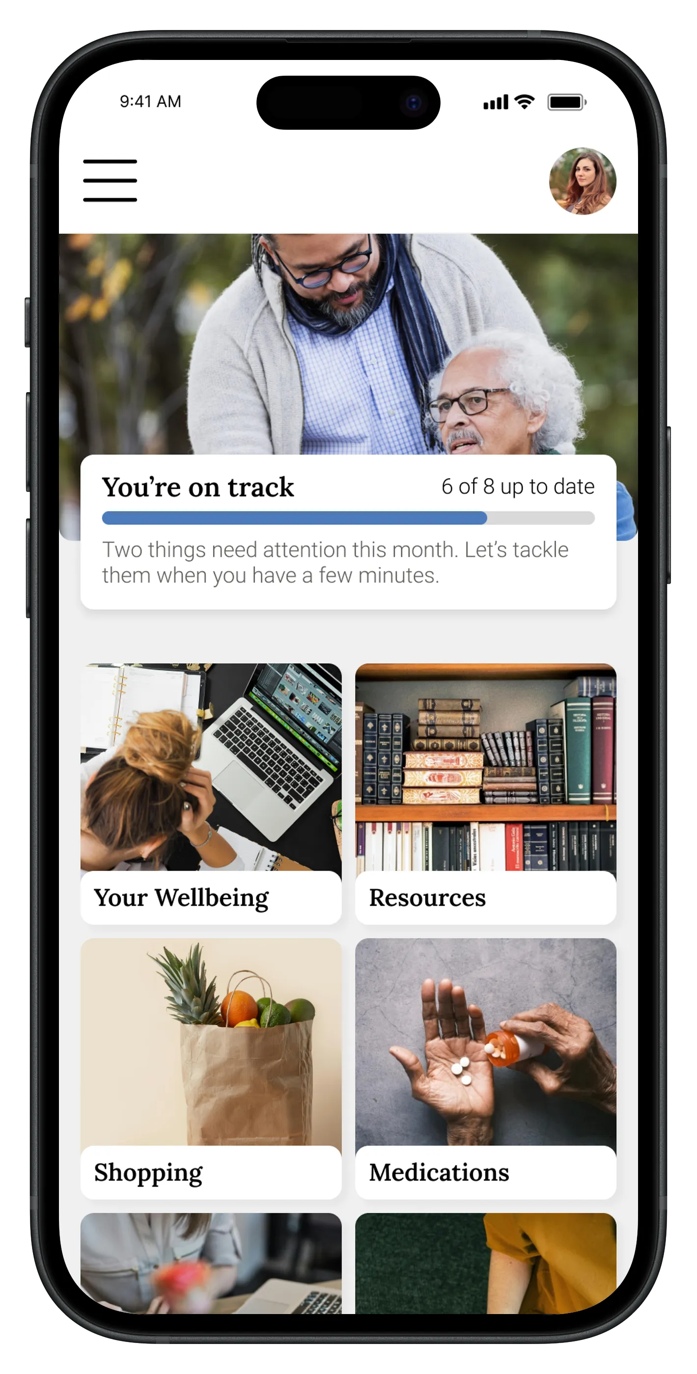 Avanlee app home screen showing this month's care progress and tiles for wellbeing, resources, shopping and medications