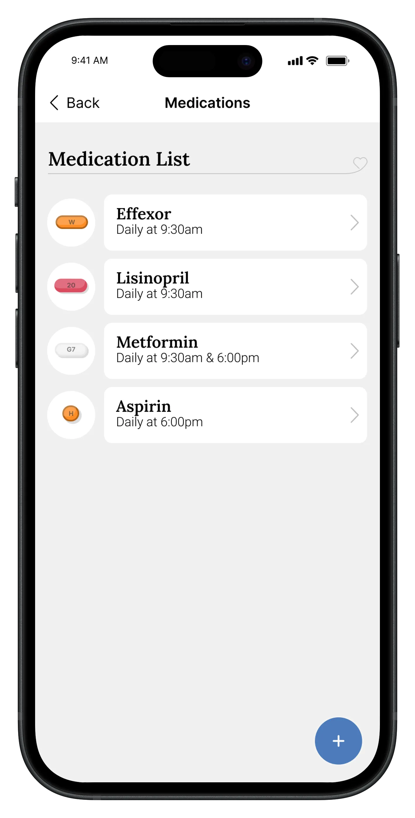 Medication list showing four medications, each with the times its doses are due