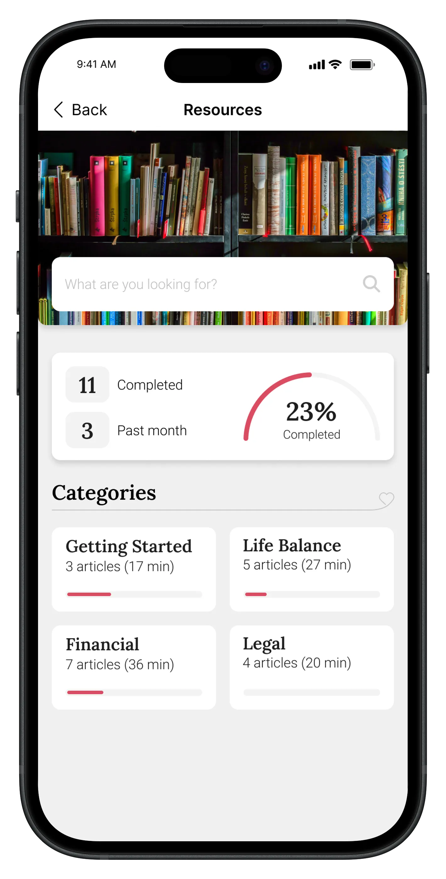 Avanlee app resources screen with a search box and guide categories for getting started, life balance, financial and legal questions